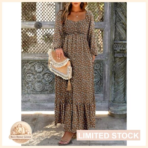 Boho Floral Maxi Dress Smocked Empire Waist Square Neck Long Sleeve Button Beach - Picture 3 of 7